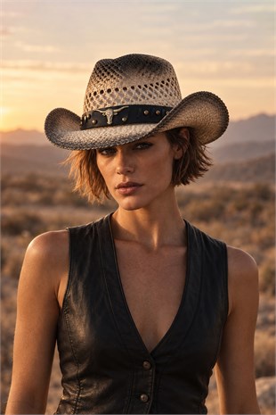 Ethnic Textured Camel Straw Cowboy Tarzı Hat