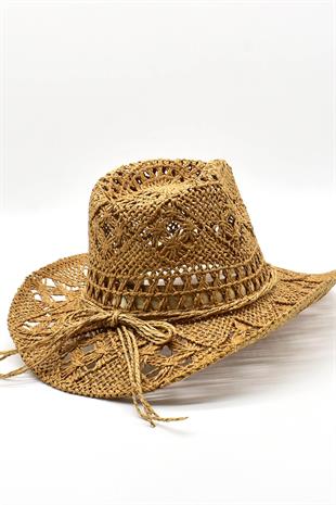 Ethnic Textured Camel Straw Cowboy Tarzı Hat
