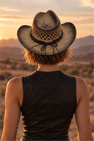 Ethnic Textured Camel Straw Cowboy Tarzı Hat