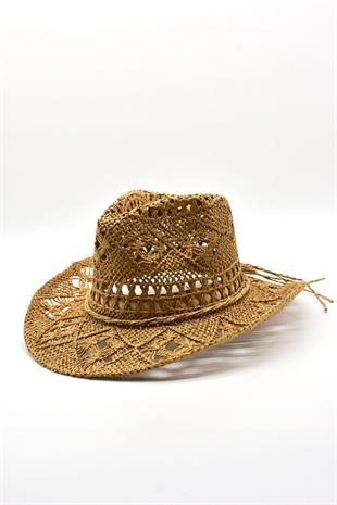 Ethnic Textured Camel Straw Cowboy Tarzı Hat