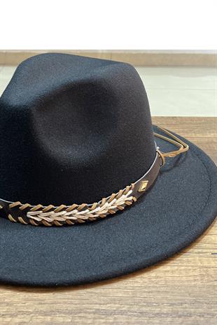 Etnik Şeritli Bohem Fedora Şapka - Siyah