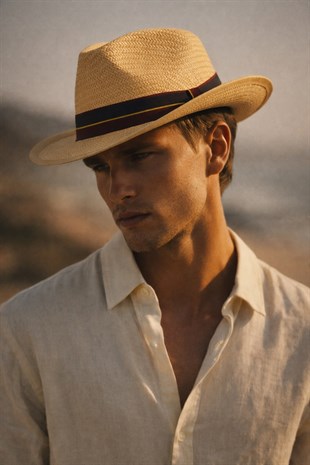 Grogren Bantlı Örme Erkek Fötr Hasır Şapka - Camel