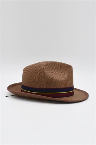 Grogren Bantlı Örme Erkek Fötr Hasır Şapka - Kahve