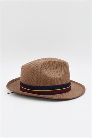 Grogren Bantlı Örme Erkek Fötr Hasır Şapka - Kahve