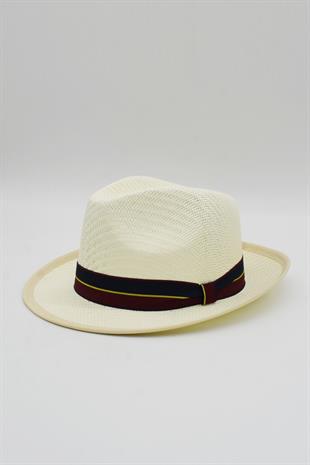 Grogren Bantlı Örme Erkek Fötr Hasır Şapka - Bej