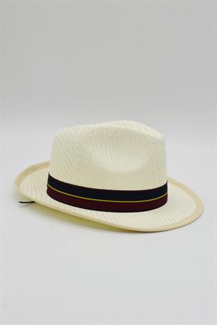 Grogren Bantlı Örme Erkek Fötr Hasır Şapka - Bej