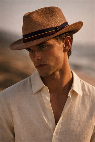 Grogren Bantlı Örme Erkek Fötr Hasır Şapka - Kahve