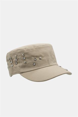 Womens Military Style Beige Beaded Designed Hat Full Cap 57cm