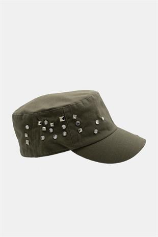 Womens Military Style Khaki Beaded Designed Hat Full Cap 57cm