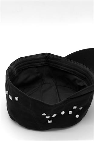 Womens Military Style Black Beaded Designed Hat Full Cap 57cm