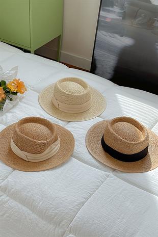 Kadın Ayarlanabilir Hasır Şapka Bej Yumuşak Dokulu Plaj Tatil Şapkası