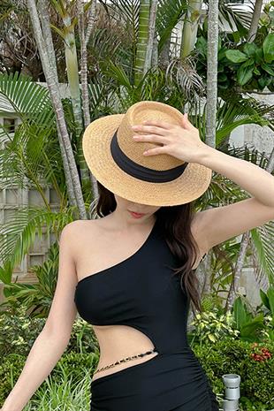 Womens Adjustable Straw Hat Camel Soft Textured Beach Tatil Hat