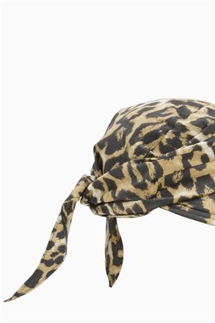 Kadın Bağlamalı Eşarp Siperli Leopar Desenli Plaj Şapkası