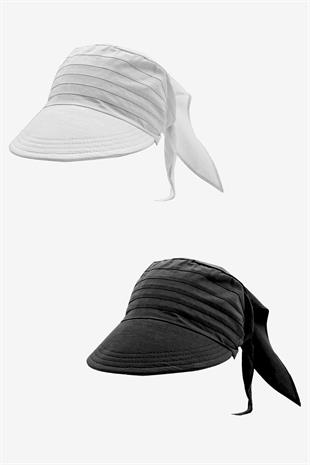 Kadın Bağlamalı Siperli Eşarp Bandana Plaj Şapkası 2li Paket Siyah+Beyaz
