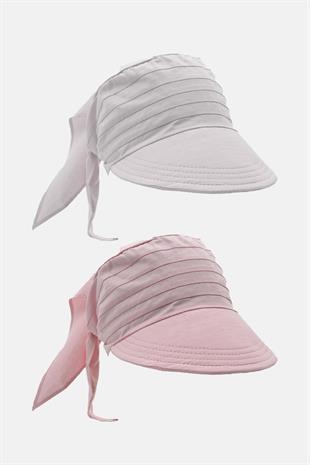 Kadın Bağlamalı Siperli Eşarp Bandana Plaj Şapkası 2li Paket Pembe/Beyaz