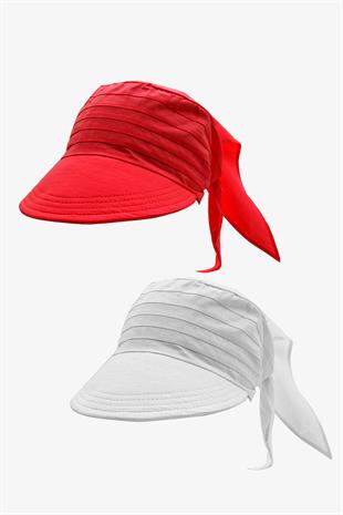 Kadın Bağlamalı Siperli Eşarp Bandana Plaj Şapkası 2li Paket Kırmızı/Beyaz