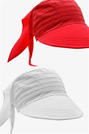 Kadın Bağlamalı Siperli Eşarp Bandana Plaj Şapkası 2li Paket Kırmızı/Beyaz