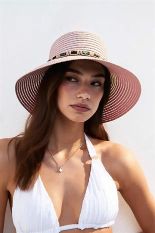 Kadın Boho İşlemeli Hasır Şapka - Pembe