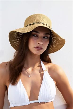 Kadın Boho İşlemeli Hasır Şapka - Camel