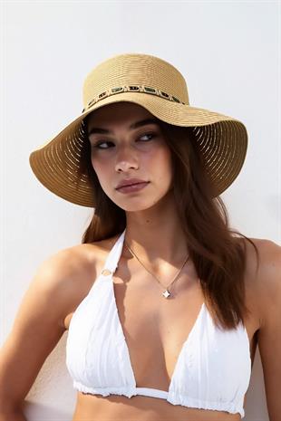 Kadın Boho İşlemeli Hasır Şapka - Camel