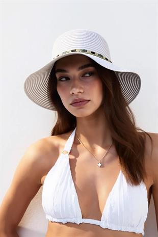 Kadın Boho İşlemeli Hasır Şapka - Beyaz