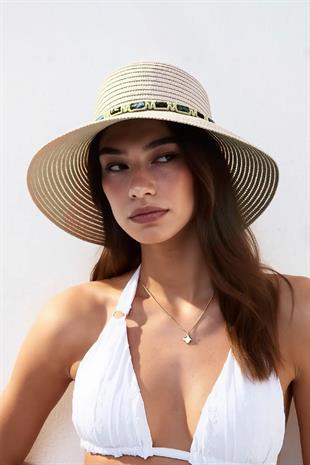 Kadın Boho İşlemeli Hasır Şapka - Bej
