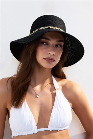 Kadın Boho İşlemeli Hasır Şapka - Siyah