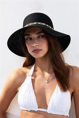 Kadın Boho İşlemeli Hasır Şapka - Siyah