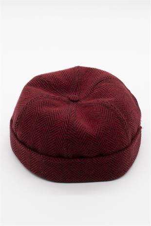 Kadın Bordo Balıksırtı Desenli Docker Şapka - Katlamalı Sipersiz Kep