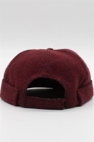 Kadın Bordo Balıksırtı Desenli Docker Şapka - Katlamalı Sipersiz Kep