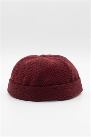 Kadın Bordo Balıksırtı Desenli Docker Şapka - Katlamalı Sipersiz Kep