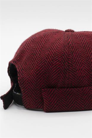 Kadın Bordo Balıksırtı Desenli Docker Şapka - Katlamalı Sipersiz Kep