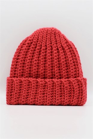 Womens Handmade Winter Beanie Coral Red