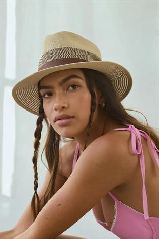 Kadın Fileli Nefes Alan Suni Deri Şeritli Hasır Panama Şapka-Camel