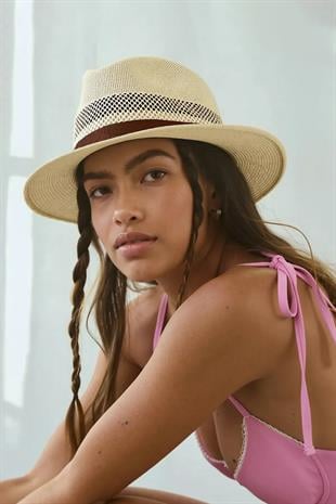 Kadın Fileli Nefes Alan Suni Deri Şeritli Hasır Panama Şapka-Bej