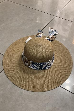 Kadın Geniş Kenarlı Hasır Şapka Çiçek Desen Şeritli Plaj Tatil Seyahat Şapkası