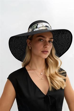 Kadın Geniş Kenarlı Hasır Şapka Çiçek Desen Şeritli Plaj Tatil Seyahat Şapkası