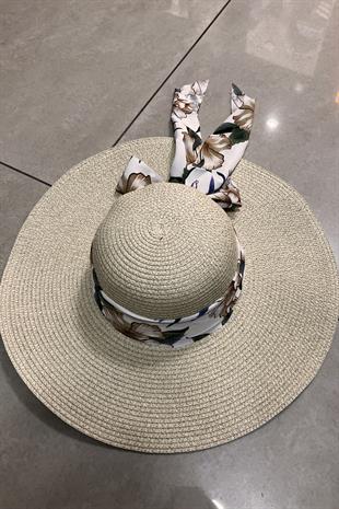 Kadın Geniş Kenarlı Hasır Şapka Çiçek Desen Şeritli Plaj Tatil Seyahat Şapkası