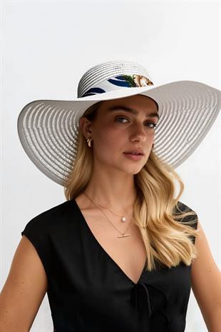 Kadın Geniş Kenarlı Hasır Şapka Çiçek Desen Şeritli Plaj Tatil Seyahat Şapkası