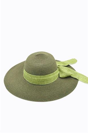 Kadın Geniş Siperli Haki Hasır Şapka