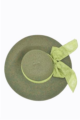 Kadın Geniş Siperli Haki Hasır Şapka