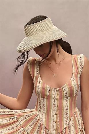 Kadın Geniş Siperli Bej Hasır Vizör Şapka - Ayarlanabilir, Katlanabilir