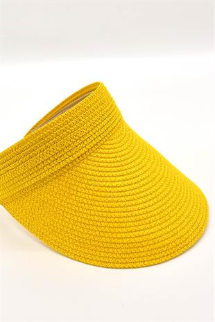 Kadın Geniş Siperli Vizör Hasır Plaj Şapkası Sarı