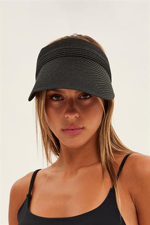 Kadın Geniş Siperli Vizör Hasır Plaj Şapkası Siyah