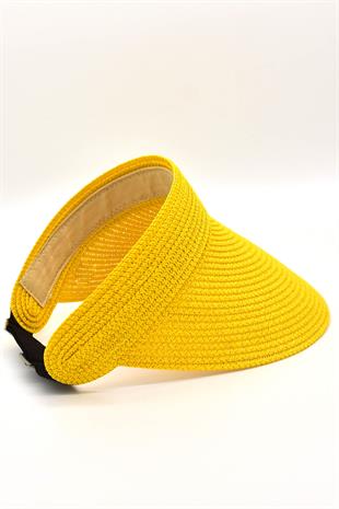Kadın Geniş Siperli Vizör Hasır Plaj Şapkası Sarı
