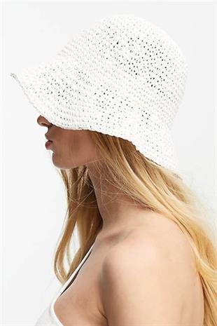 Womens Straw Bucket Hat Naturel Adjustable Beach Hat White