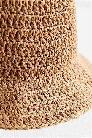 Kadın Hasır Bucket Şapka Naturel Ayarlanabilir Kova Plaj Şapkası Camel