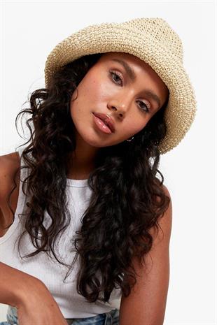 Womens Straw Bucket Hat Naturel Adjustable Beach Hat Beige
