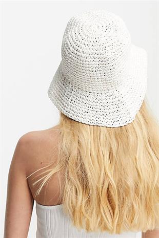 Womens Straw Bucket Hat Naturel Adjustable Beach Hat White