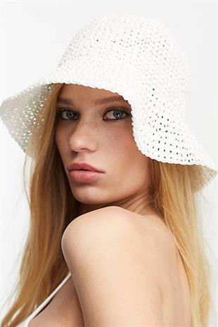 Womens Straw Bucket Hat Naturel Adjustable Beach Hat White